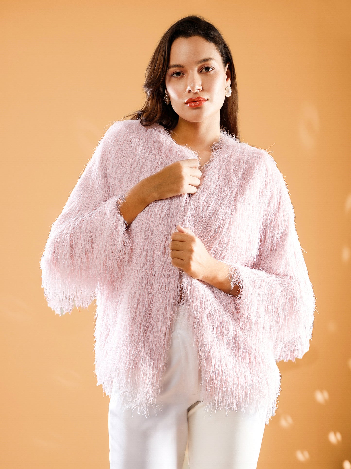 FRONT OPEN PINK FEATHER JACKET