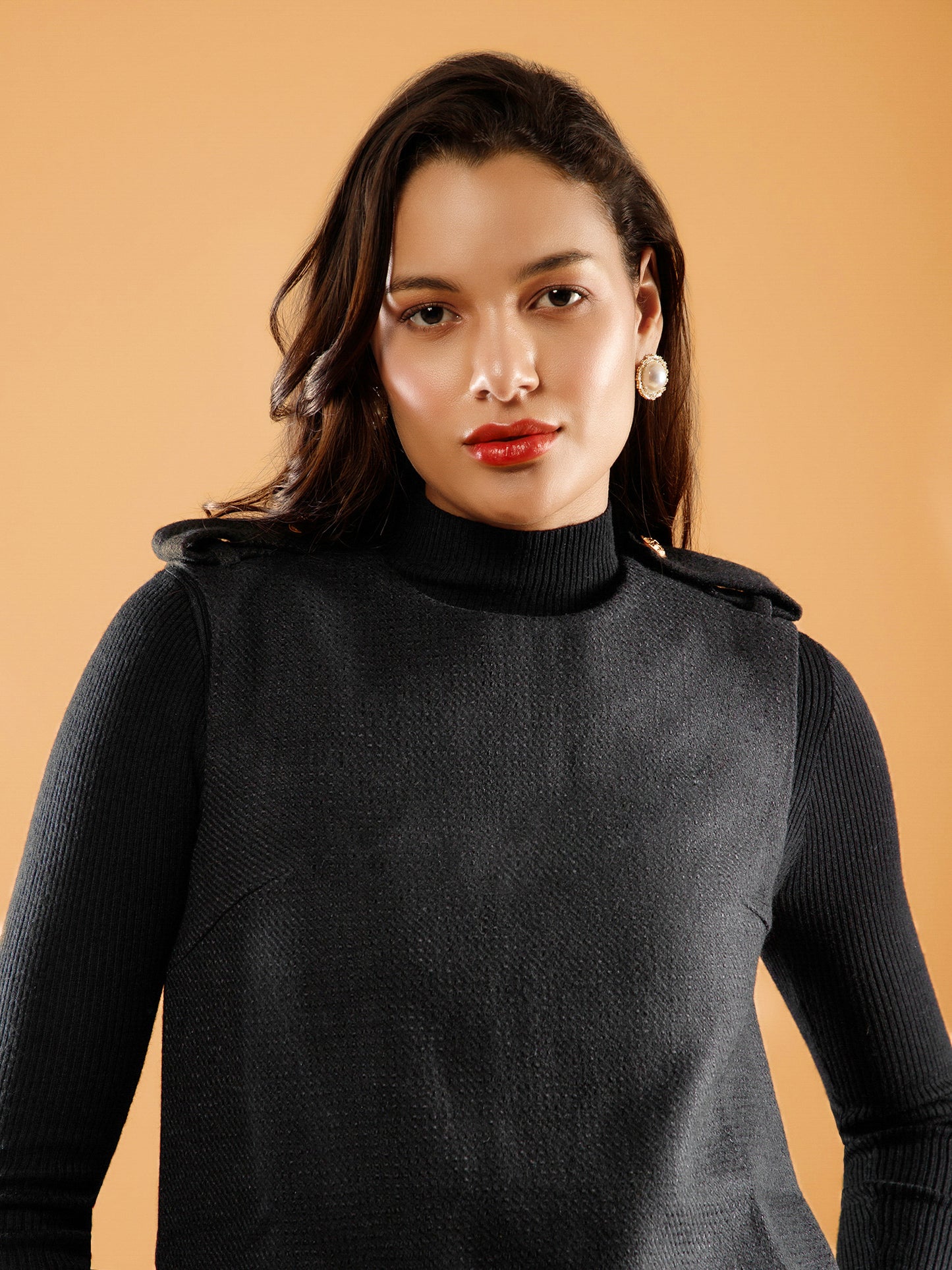 TEXTURED WEAVE DRESS WITH RIBBED SWEATER