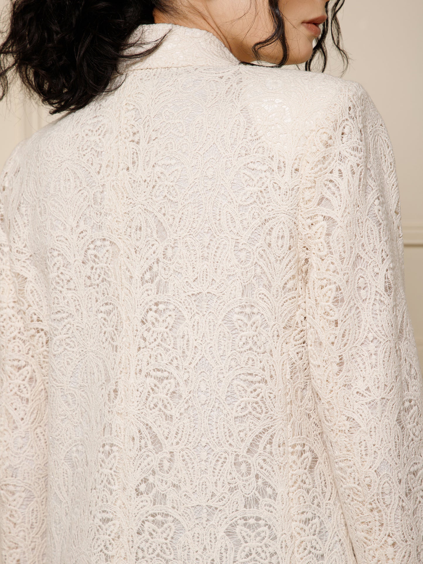 Double Breasted Beige Lace Blazer