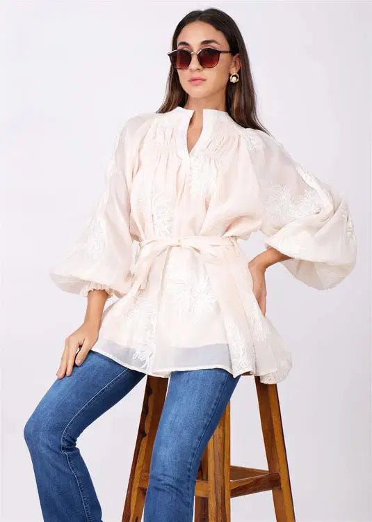 WHITE BEIGE TUNIC TOP WITH BELT