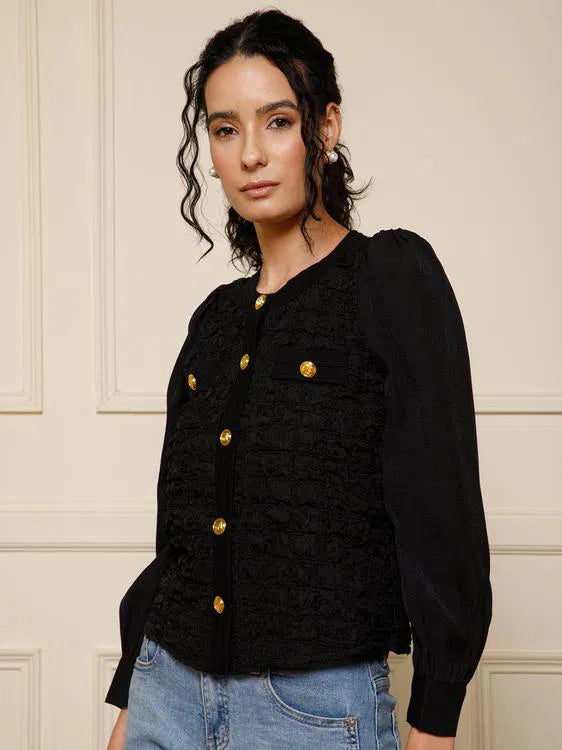 Black-Buttoned Full-Sleeve Top